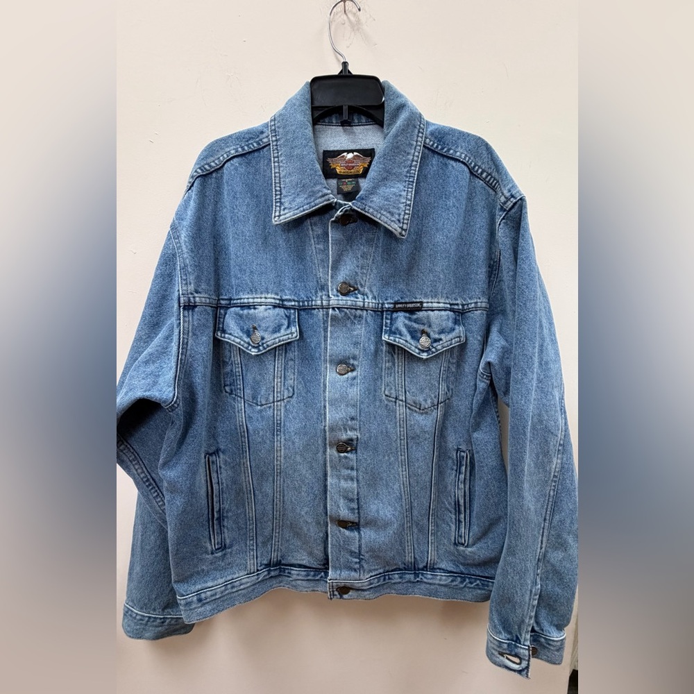 Harley-Davidson‎ Denim Jacket Mens L Blue Biker Embroidered Logo Trucker Coat